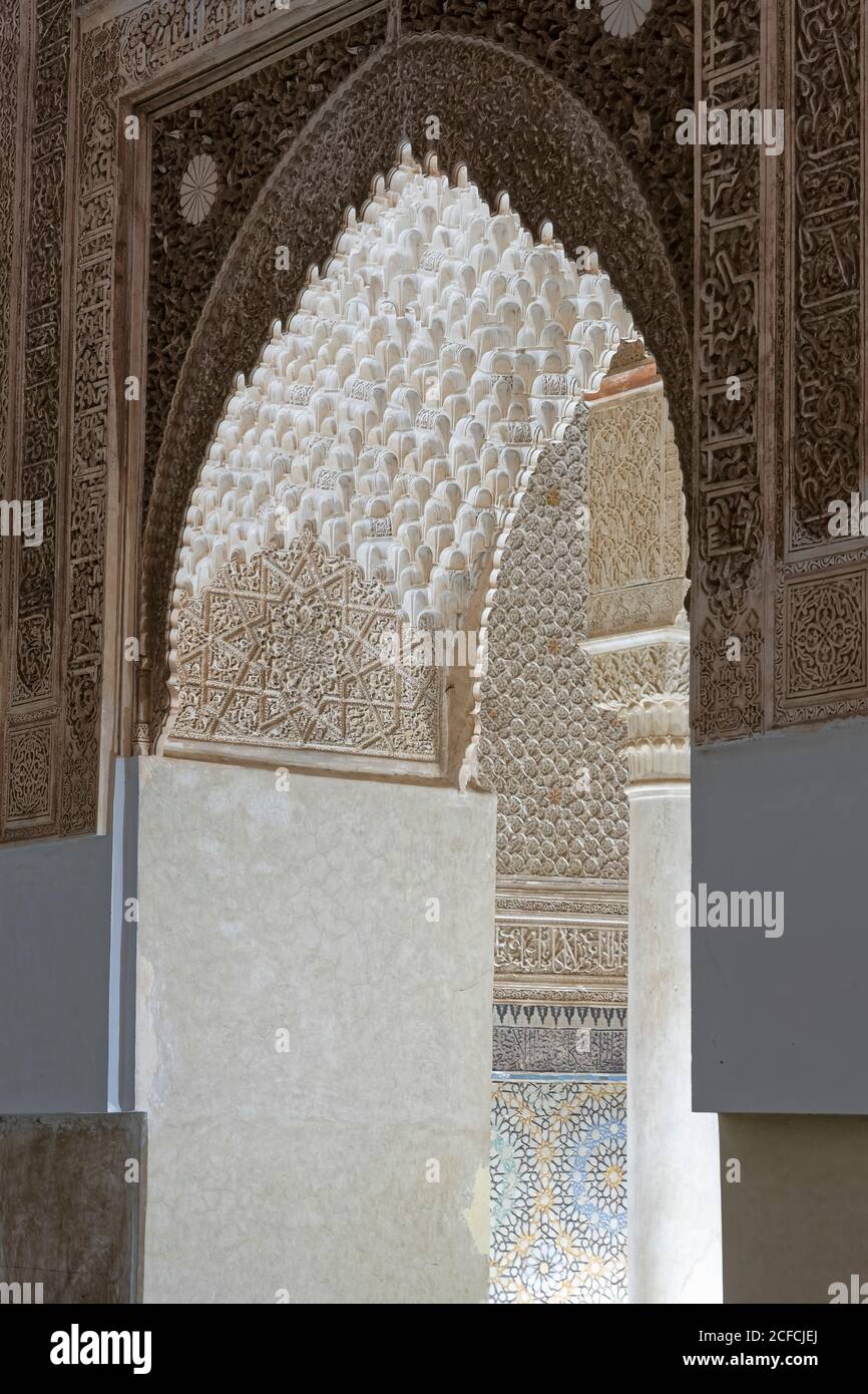 Architecture, albâtre décoratif, créatif, porte, Marrakech, Maroc, tombes saadiennes, islamique, arabe, religion, design, archéologie Banque D'Images