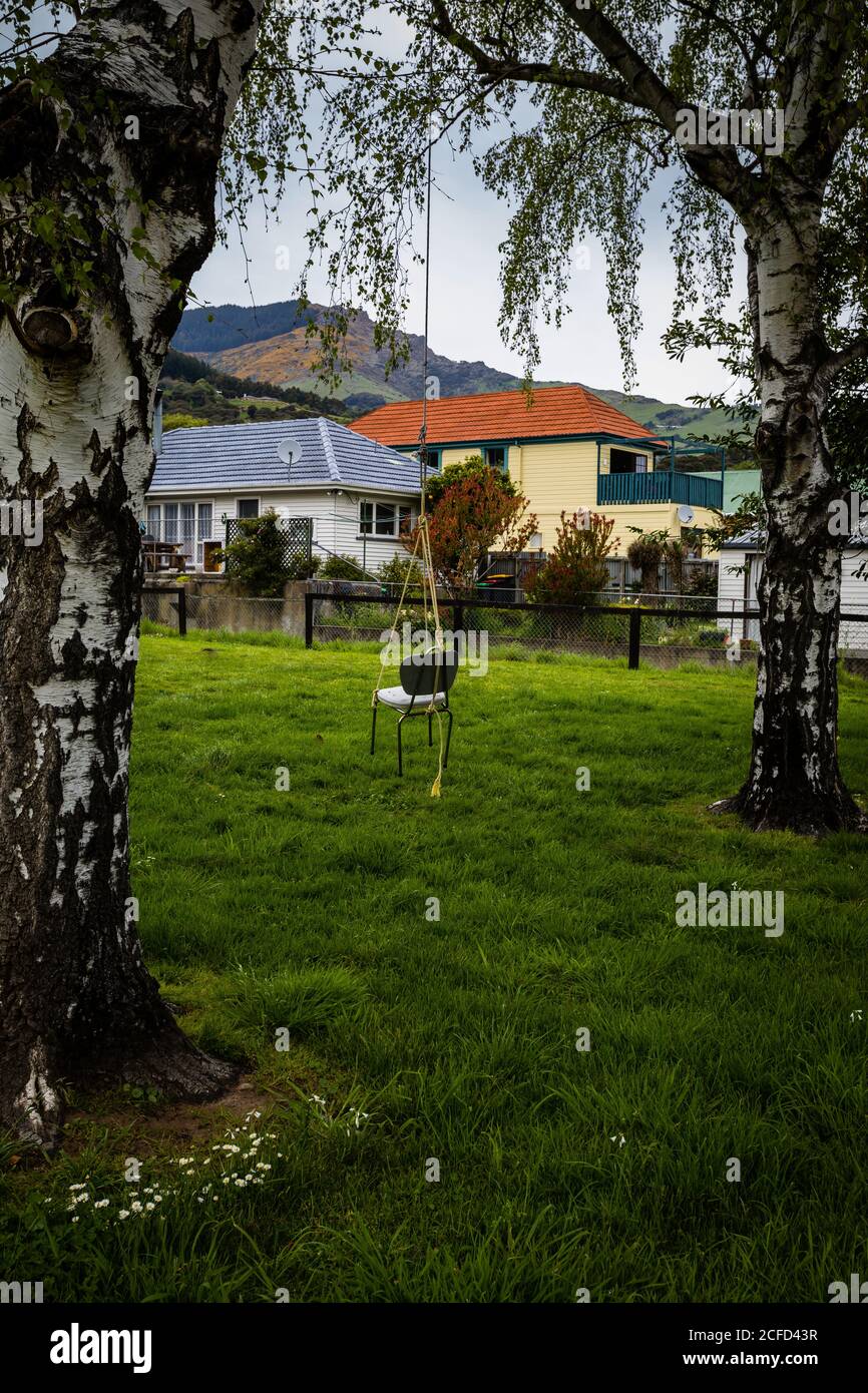 Balançoire à vélo, chaise sur corde, à Akaroa Banque D'Images