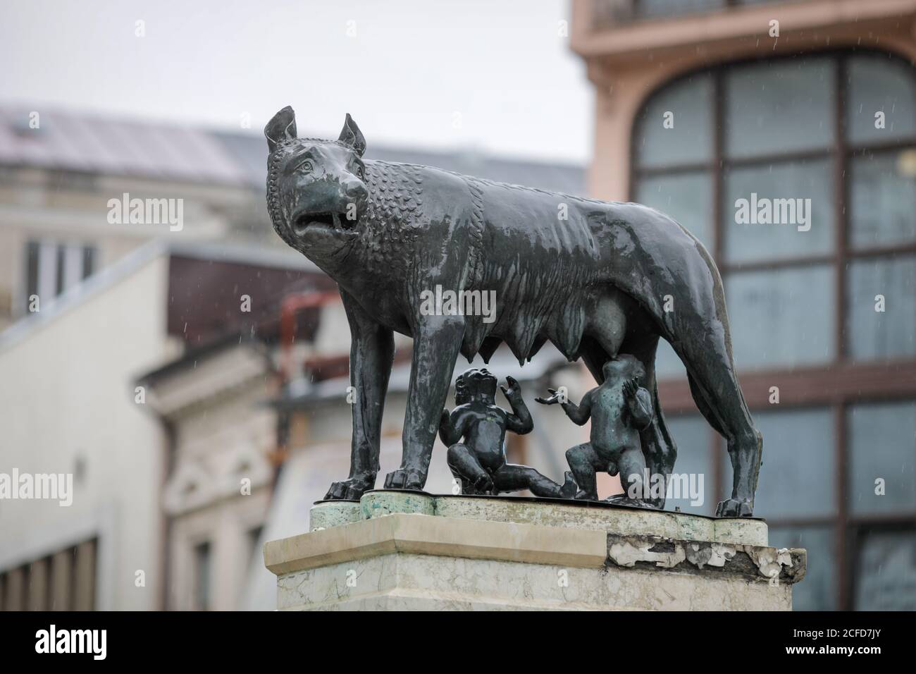 Bucarest, Roumanie - 4 septembre 2020 : le loup de Capitoline (italien : Lupa Capitolina), une sculpture représentant une scène de la légende de la fondation Banque D'Images