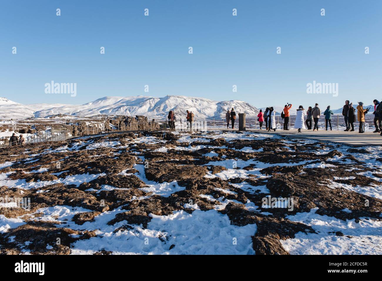 Plate-forme d'observation au centre d'accueil du parc national de Thingvellir, Islande Banque D'Images