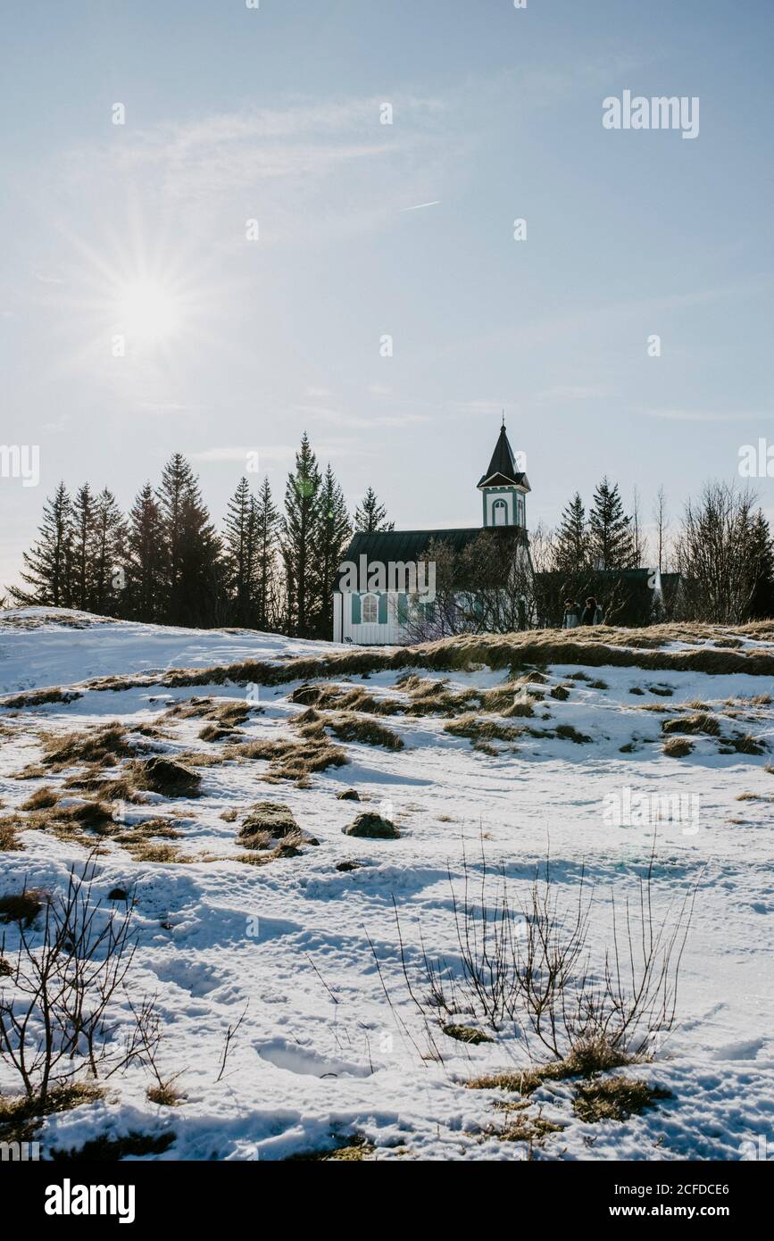 Église de Vallingvallakirkja, Parc national de Thingvellir, Islande en hiver Banque D'Images