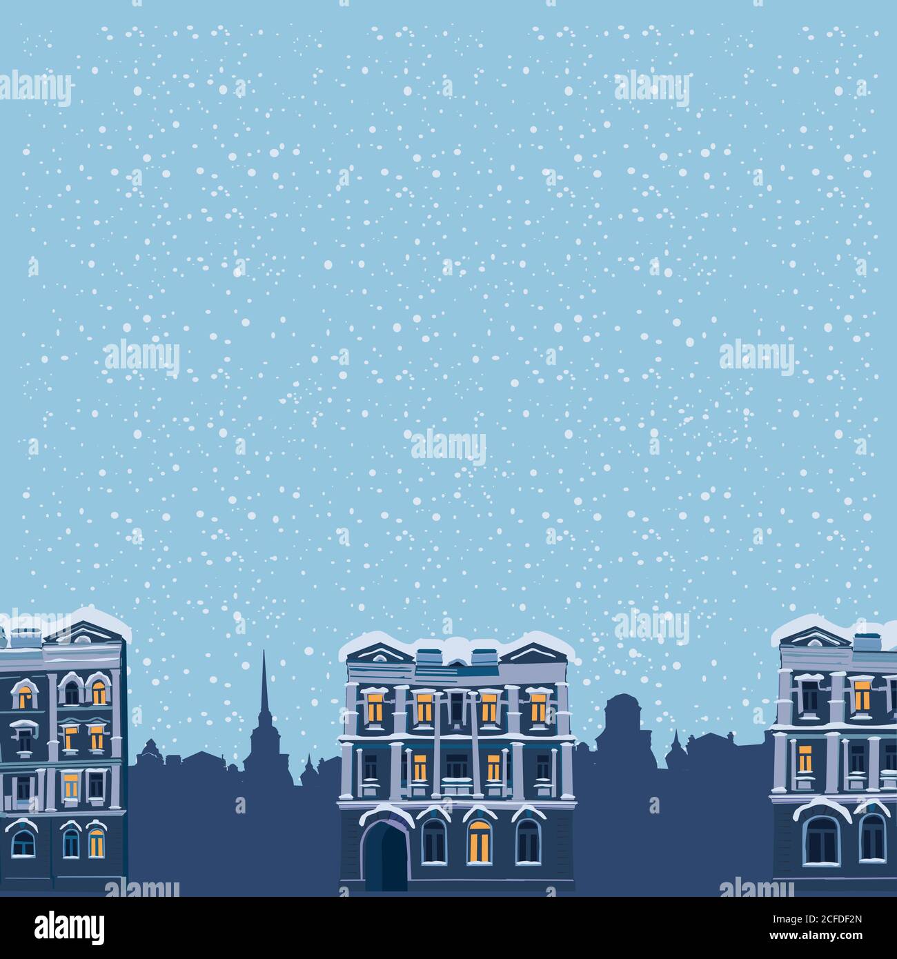 Paysage de nuit d'hiver. Silhouettes de maisons le quartier résidentiel de la vieille ville et le passage solitaire. Vecteur, illustration, isolé Illustration de Vecteur
