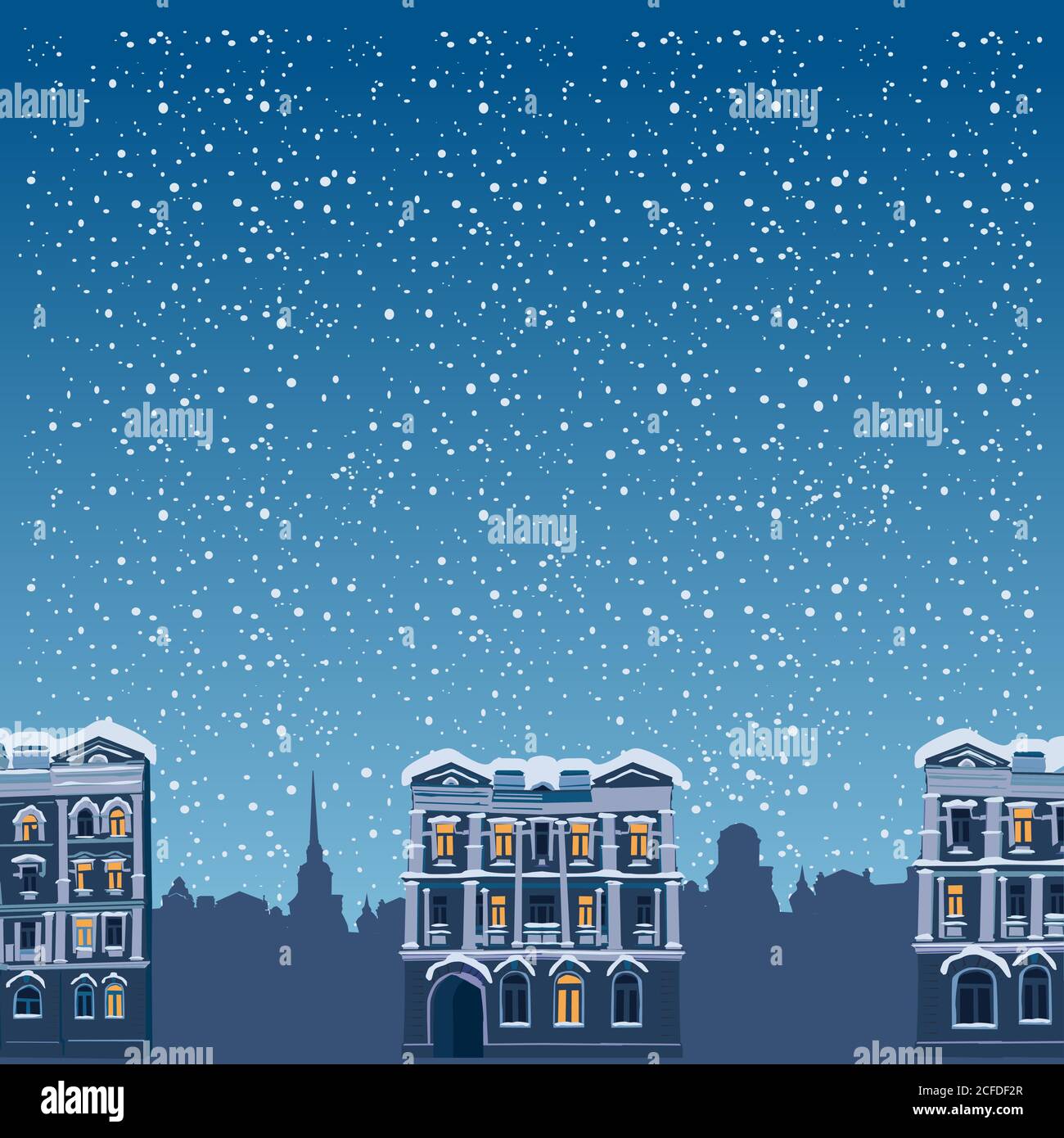 Paysage de nuit d'hiver. Silhouettes de maisons le quartier résidentiel de la vieille ville et le passage solitaire. Vecteur, illustration, isolé Illustration de Vecteur