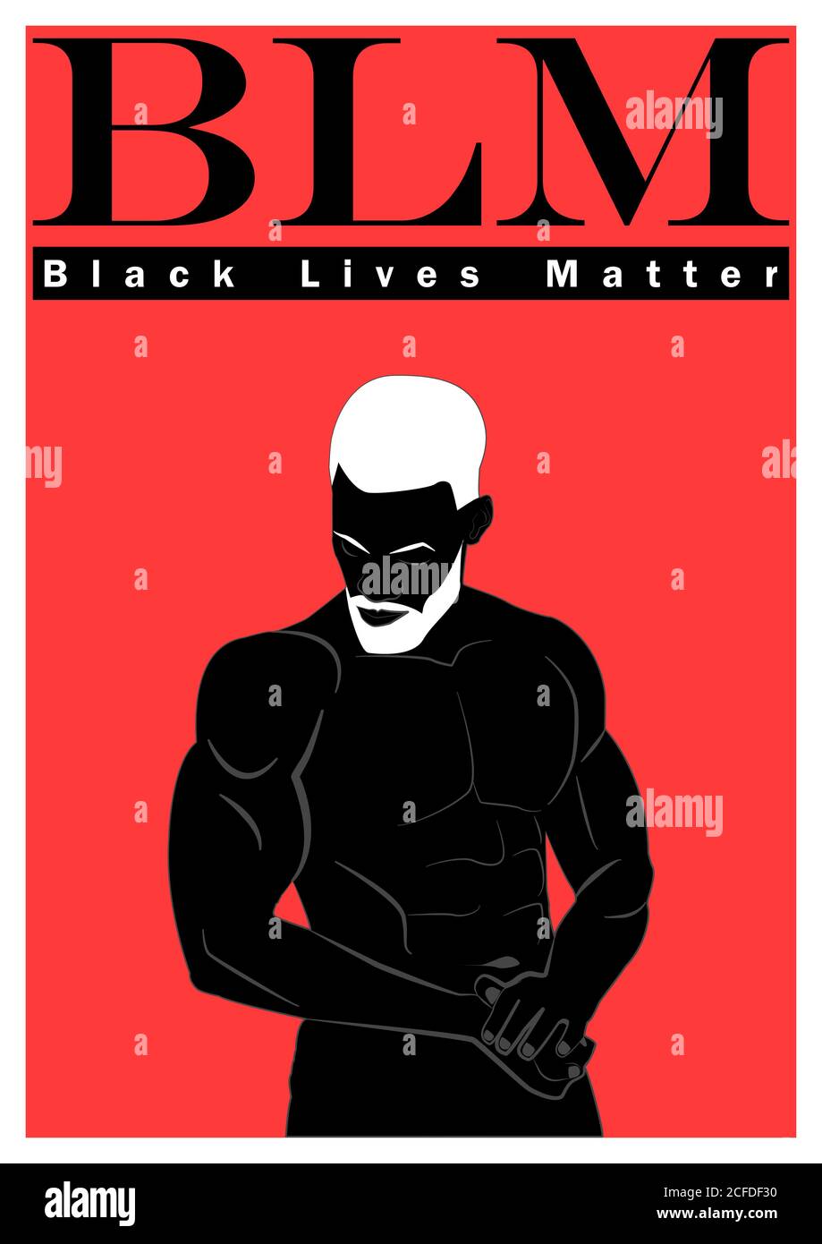 Poster - les vies noires comptent. Une silhouette d'homme noir avec cheveux blancs sur fond rouge avec texte BLM ci-dessus. Banque D'Images