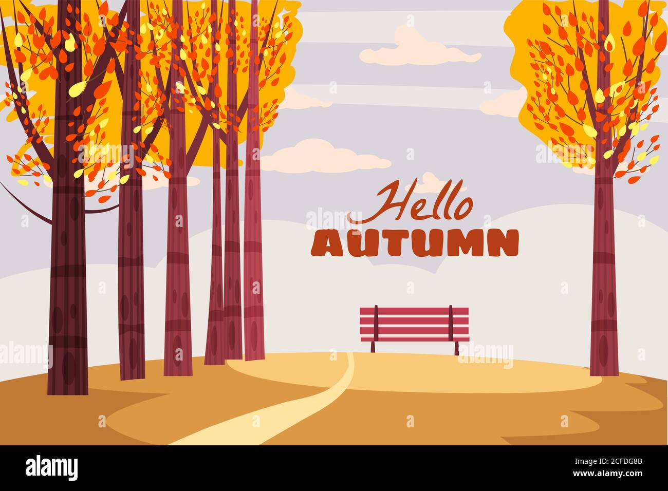 Paysage d'automne, arbres d'automne avec des feuilles jaunes, banc solitaire pour la contemplation de la nature d'automne, vecteur, isolé, style de dessin animé Illustration de Vecteur