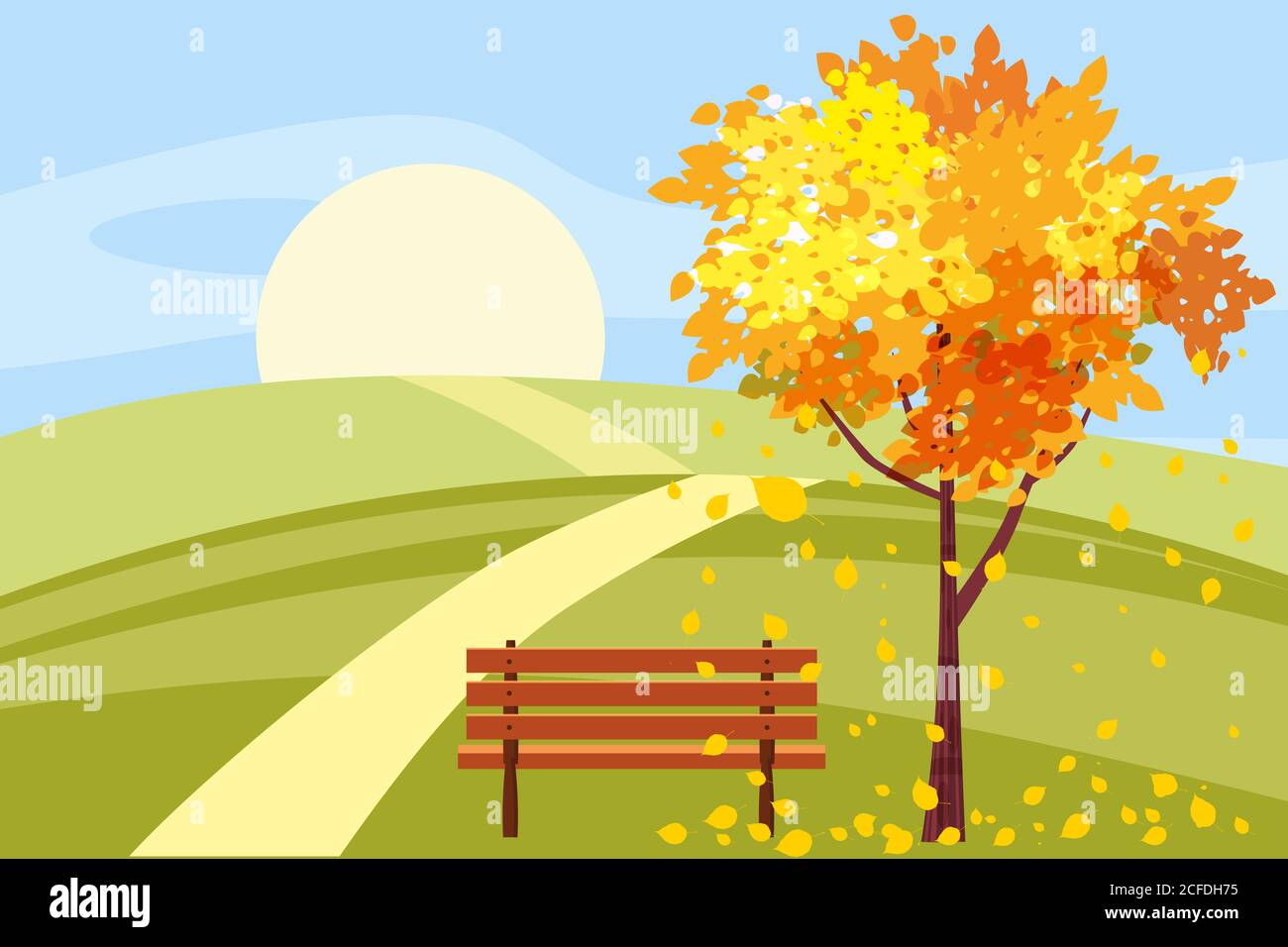 Paysage d'automne, arbre avec feuilles mortes, banc de bois, panorama, humeur automnale, jaune, rouge, feuilles orange, style de dessin animé, vecteur, illustration Illustration de Vecteur
