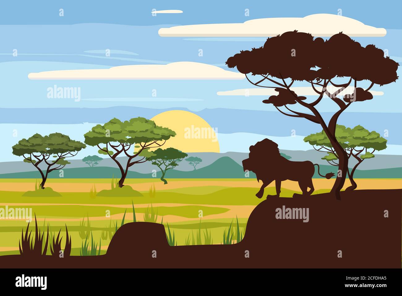 Paysage africain, lion, savane, coucher de soleil, vecteur, illustration, style de dessin animé, isolé Illustration de Vecteur