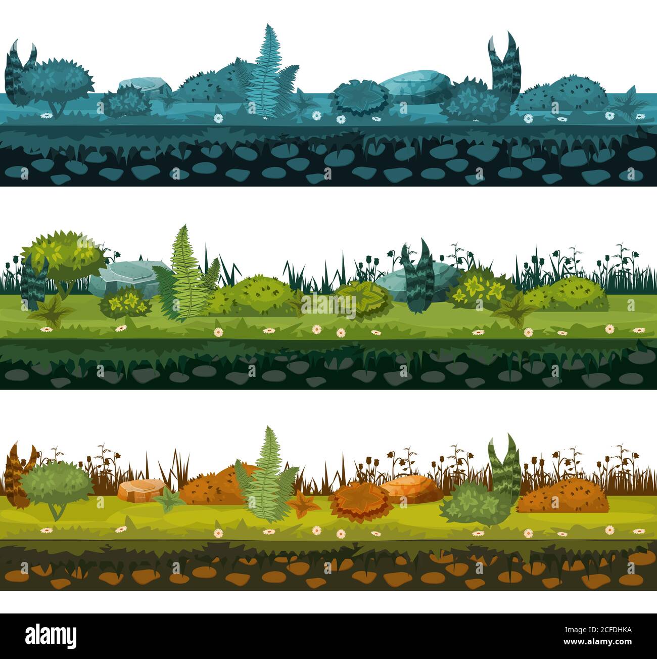 Ensemble de différents types de sol et de terre avec différents types de végétation, herbe, feuillage pour le développement de jeux d'ui, applications, vecteur Illustration de Vecteur