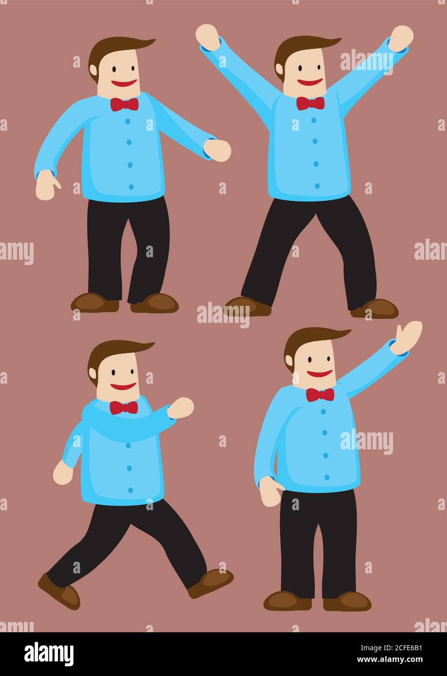 Jolly FAT homme avec un grand sourire sur le visage portant une chemise bleue et un noeud papillon rouge. Jeu de quatre caractères vectoriels isolés sur fond marron. Illustration de Vecteur