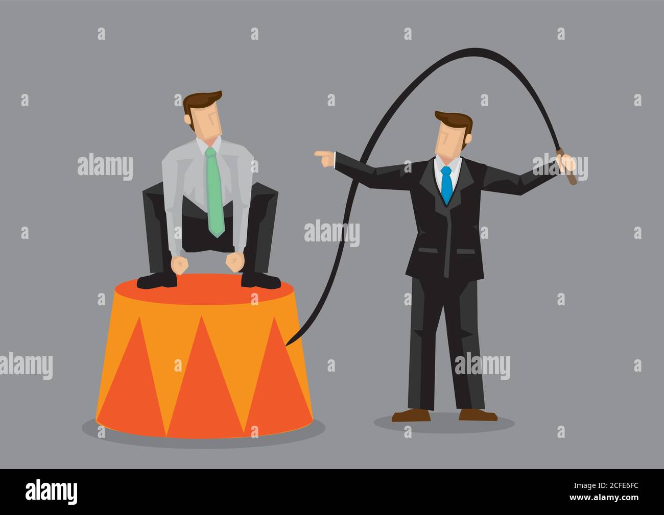 Un entraîneur d'affaires de dessin animé utilisant un whip comme maître de cirque pour former le personnel qui s'accroupette sur la plate-forme de cirque. Illustration vectorielle créative pour le personnel Illustration de Vecteur Un entraîneur d'affaires de dessin animé utilisant un whip comme maître de cirque pour former le personnel qui s'accroupette sur la plate-forme de cirque. Illustration vectorielle créative pour le personnel Illustration de Vecteur