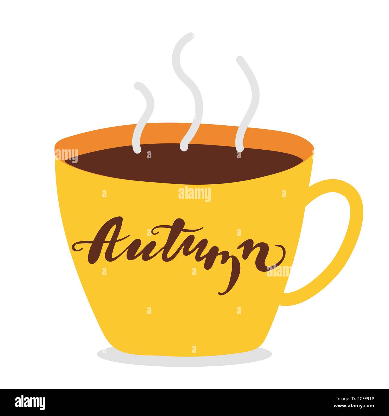 Grande tasse jaune avec une boisson chaude et inscription automne. Lettrage brun à la main. La vapeur s'élève au-dessus de la tasse, arôme. Dessin animé à la main Illustration de Vecteur