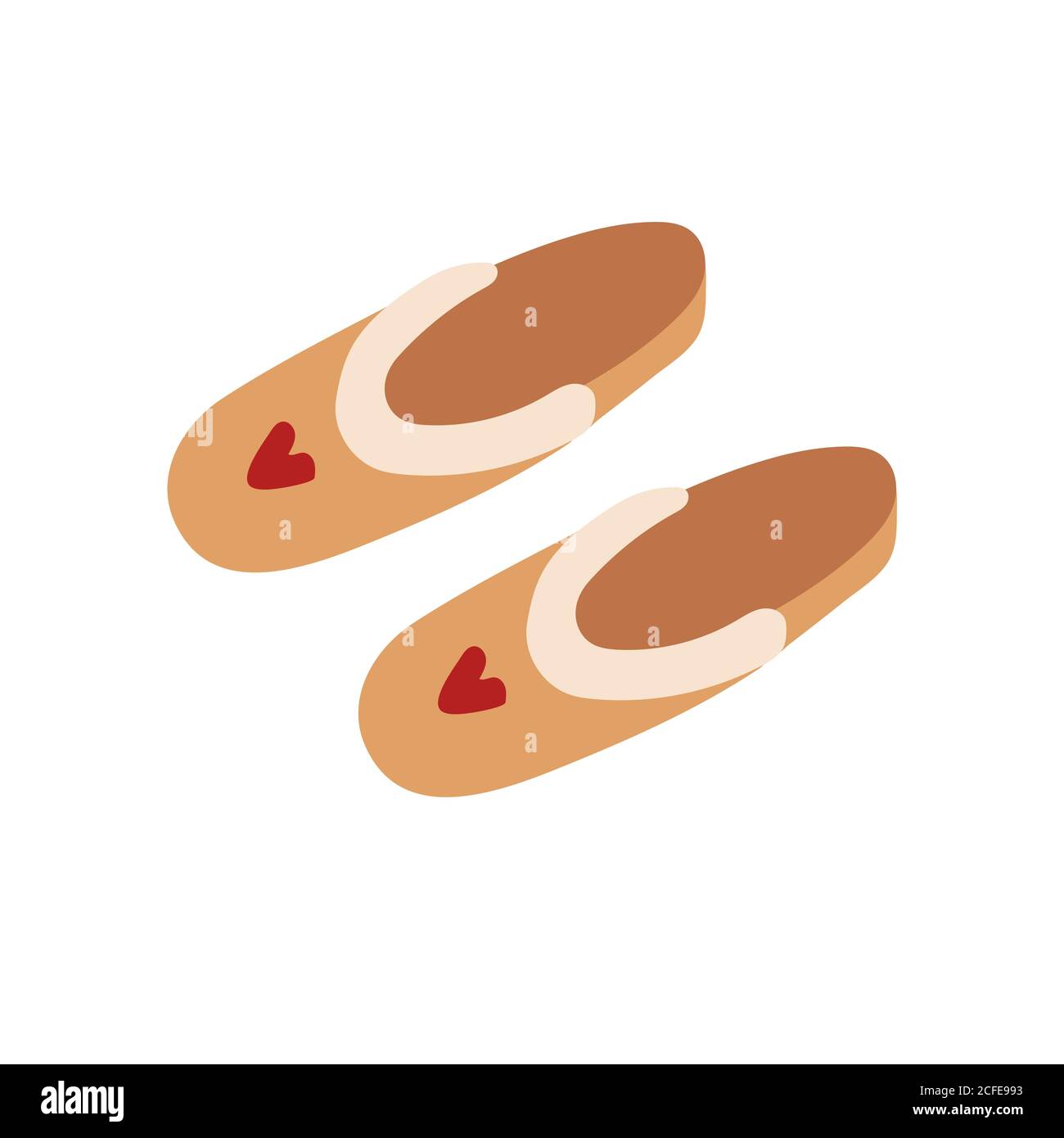 Pantoufles dessinées à la main ornées de coeurs rouges. Chaussures confortables et confortables pour un repos confortable. Illustration vectorielle isolée sur fond blanc. Illustration de Vecteur