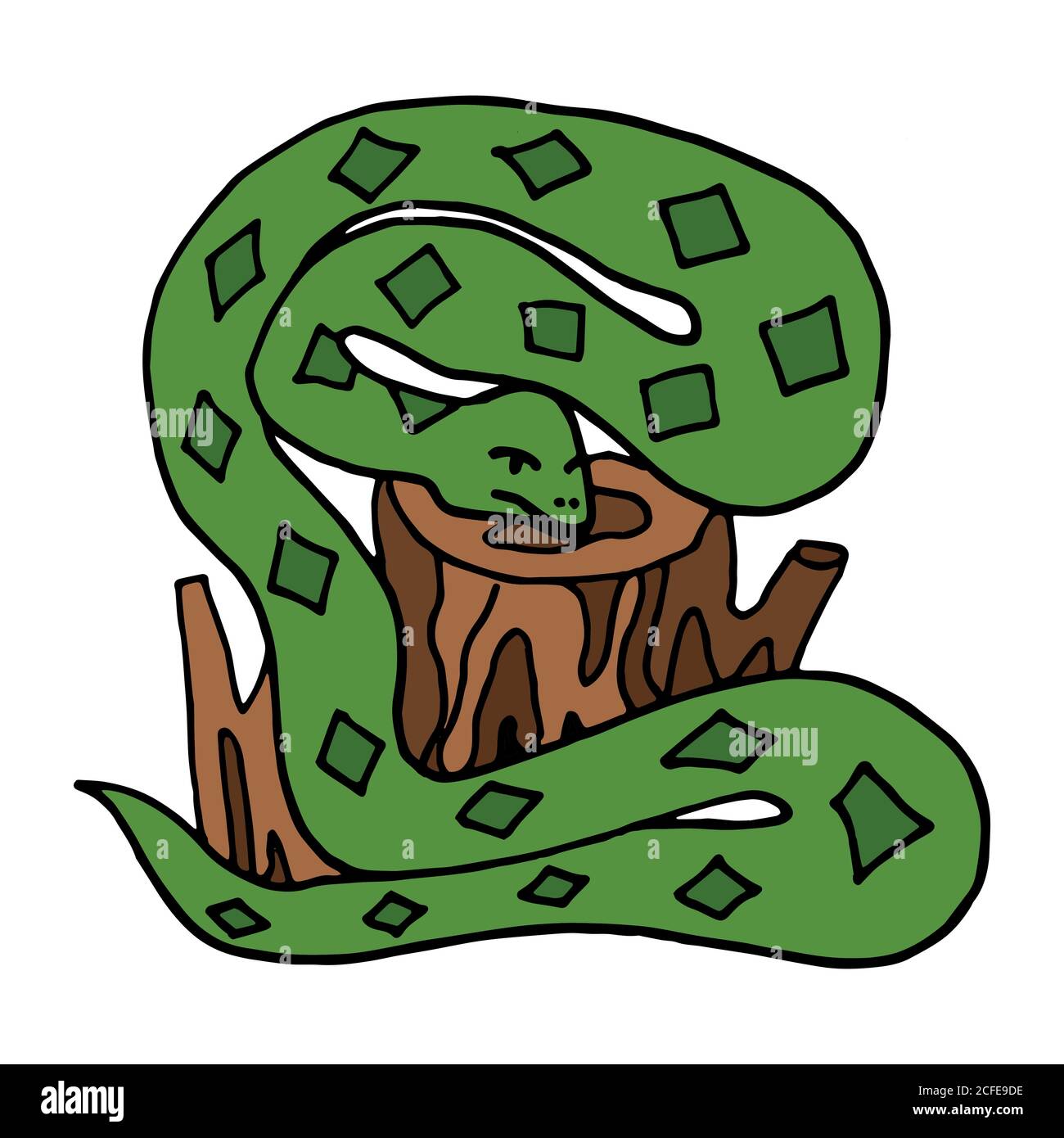 Serpent à l'enlinet de couleur dessiné à la main sur la souche en bois. Illustration de Vecteur