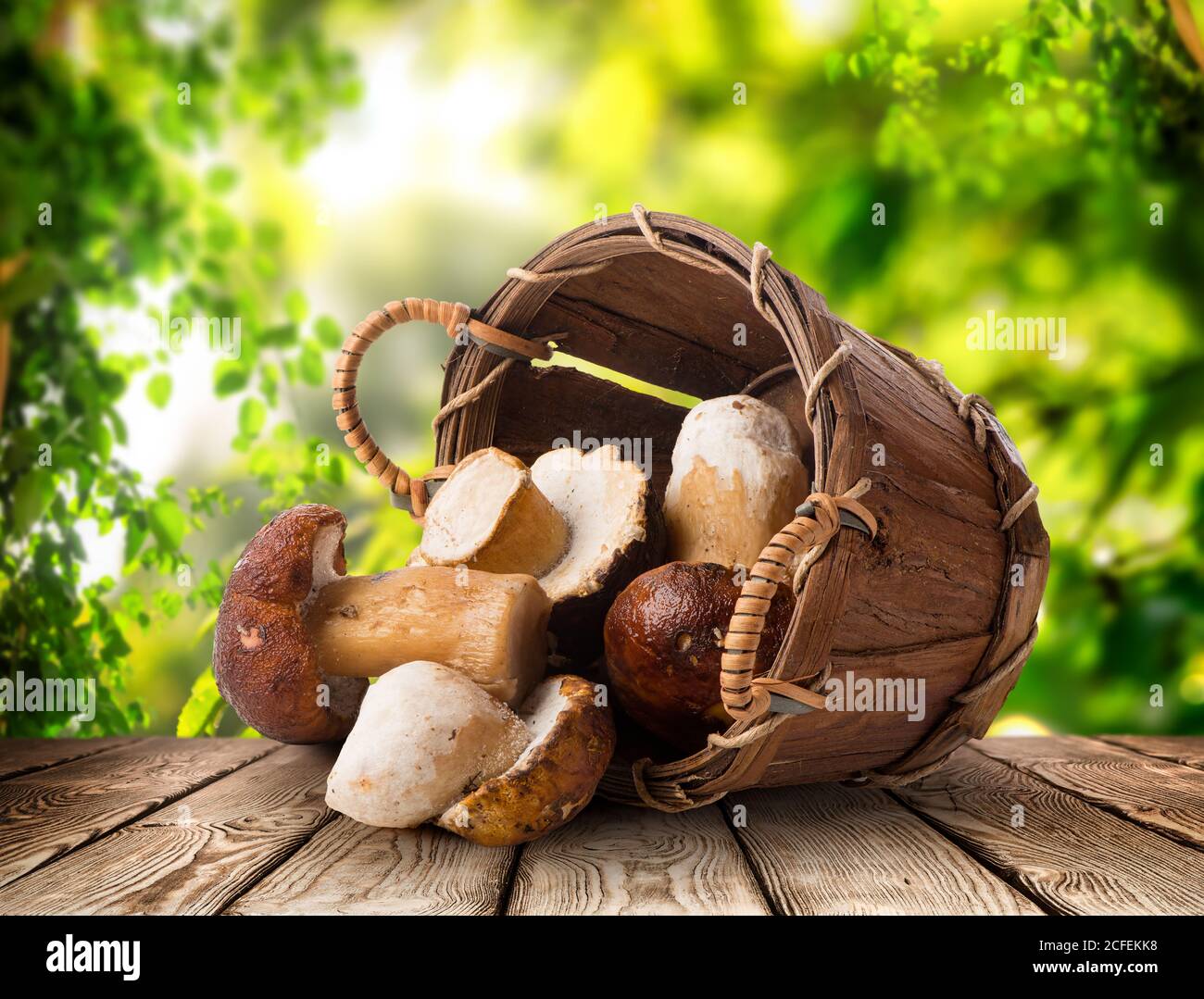 Champignons frais dans un panier sur une table en bois, une récolte de légumes Banque D'Images