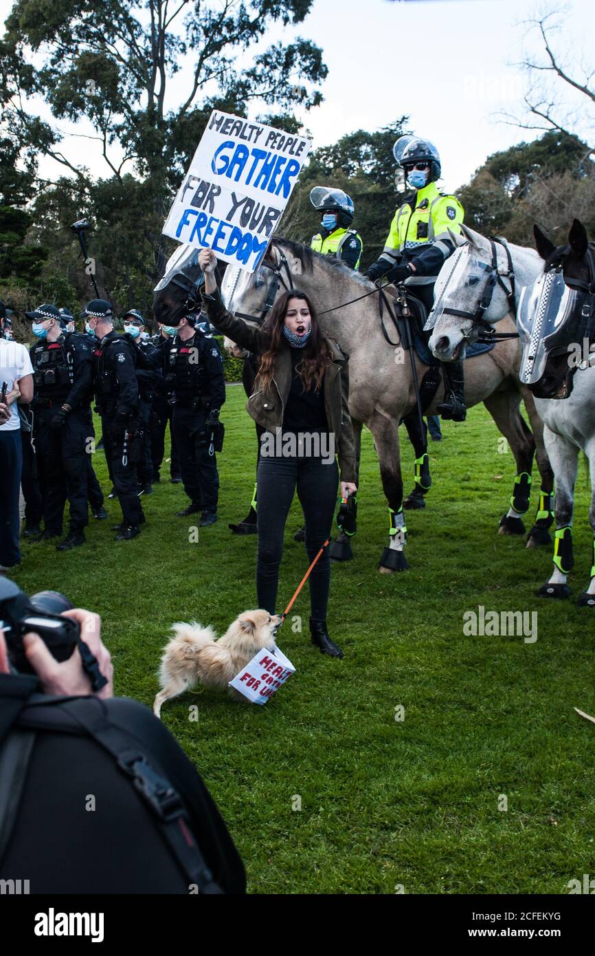Melbourne, Australie 5 septembre 2020, une protestataire féminine tient son écriteau alors qu'elle et son chien se tiennent debout devant les chevaux de police au Freedom Day anti-mask et au Shrine of Remembrance à Melbourne, en Australie. Crédit : Michael Currie/Alay Live News Banque D'Images
