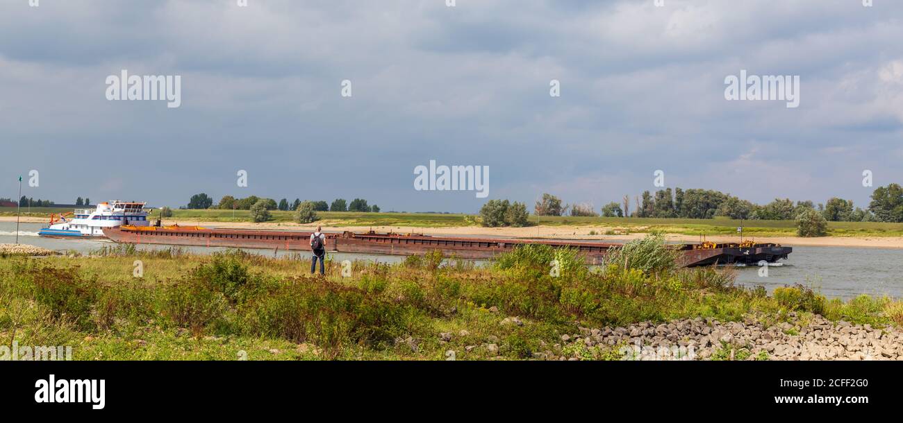 Homme regardant le pousseur bateau naviguant sur la rivière Waal près Nimègue aux pays-Bas Banque D'Images