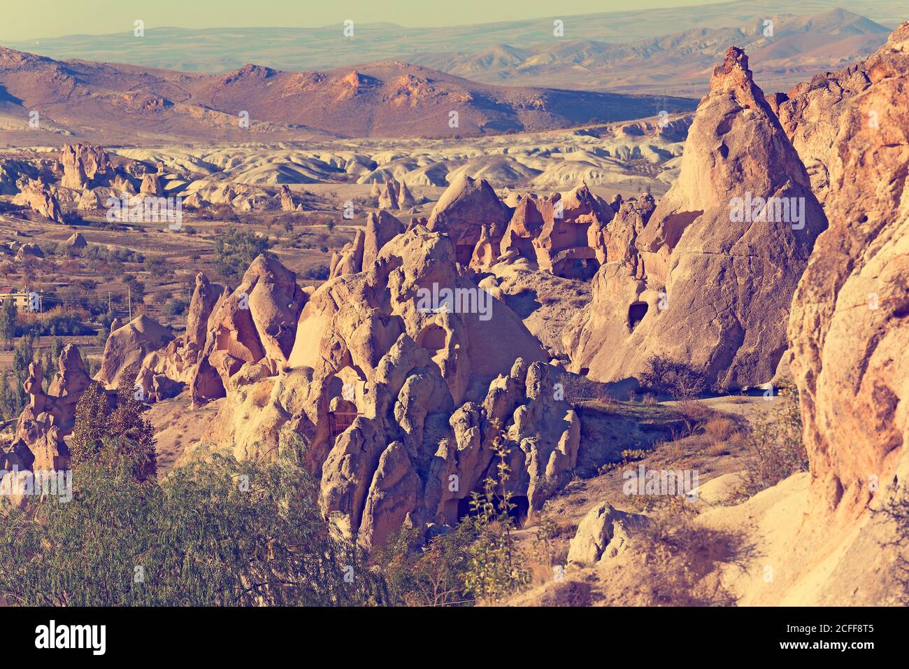Photo d'époque des formations rocheuses de Cappadoce dans le parc national de Göreme, Turquie Banque D'Images