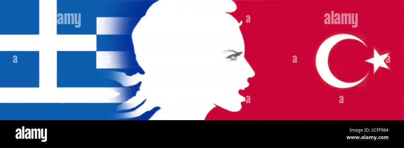 Marianne, symbole emblématique de la République française, semble protéger la Grèce contre un agresseur turc potentiel. Elle semble très en colère. Banque D'Images