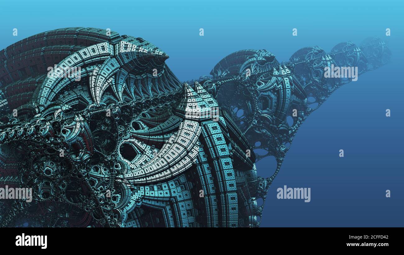 Arrière-plan abstrait, fantastique 3D structures en métal bleu, ancienne civilisation fond fictif. Banque D'Images