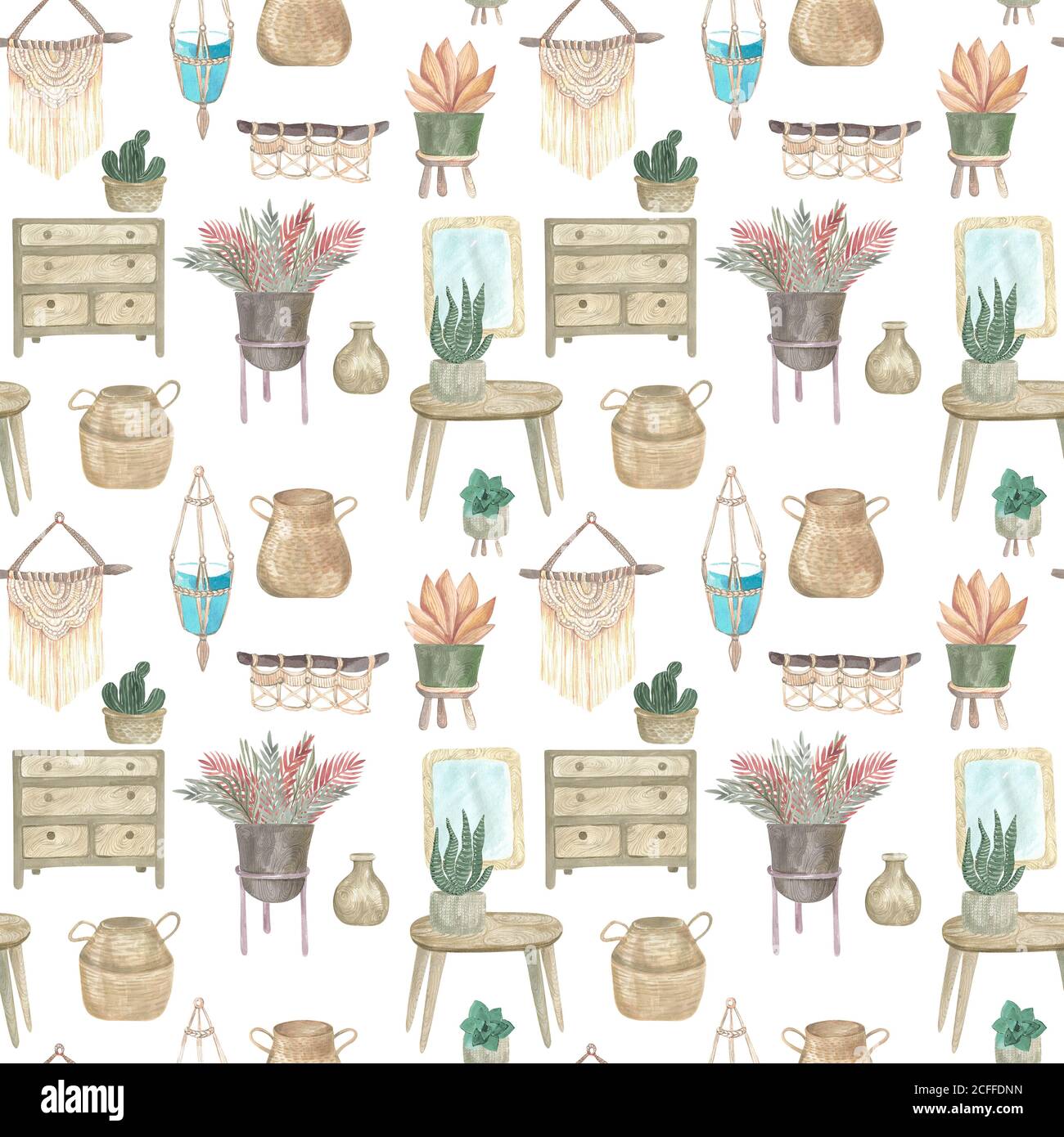 Motif sans couture de plantes boho et de fleurs intérieures dans des paniers et des pots suspendus mobilier éléments intérieurs. Aquarelle illustration décor moderne Banque D'Images