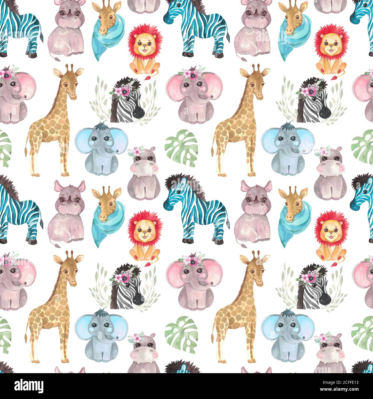 Motif Safari sans couture d'animaux et de fleurs sur un fond blanc. Illustration aquarelle d'un dessin enfant Giraffe Zebra Elephant Hippo Rhino Banque D'Images