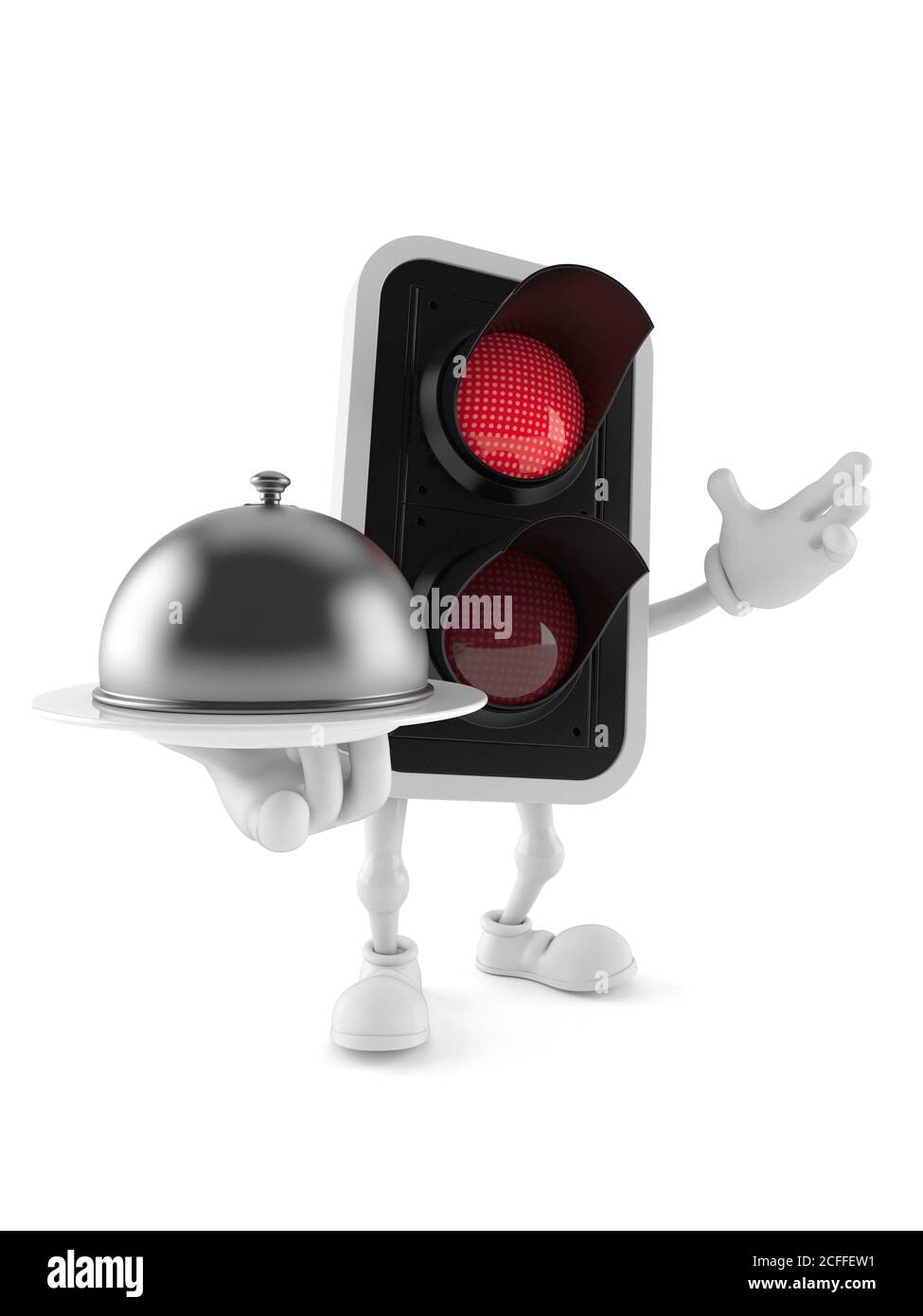 Caractère lumineux rouge tenant un dôme de restauration isolé sur fond blanc Banque D'Images