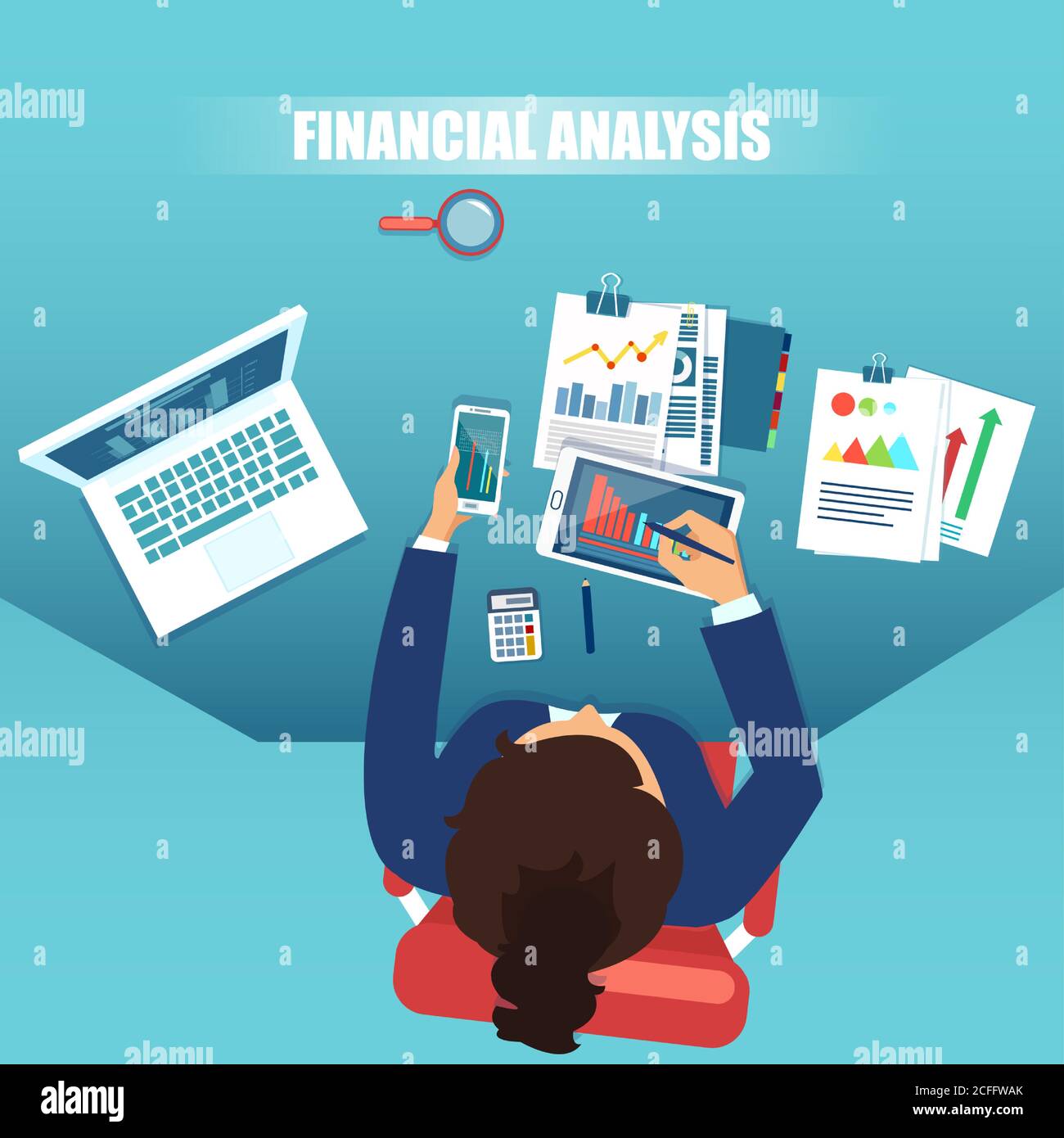 Vue de dessus de Vector d'une femme d'affaires travaillant sur l'analyse financière, les statistiques et la stratégie pour un développement réussi. Illustration de Vecteur