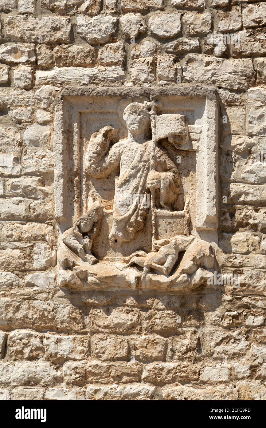 Relief, Cathédrale de l'Assomption de la Sainte Vierge Marie, Pula, Istrie, Croatie Banque D'Images