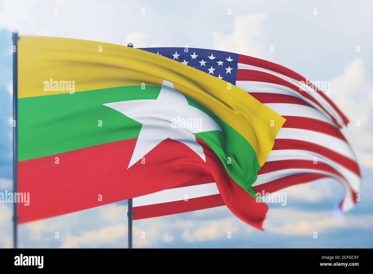 Drapeau américain et drapeau du Myanmar. Vue en gros plan, illustration 3D. Banque D'Images