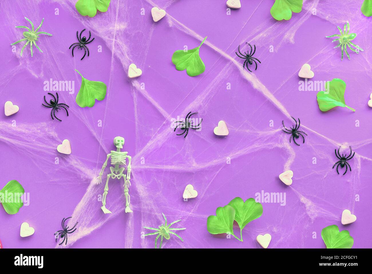 Arrière-plan créatif pour Halloween avec feuilles de ginkgo vert fluo, toile d'araignée et araignées noires sur papier violet vif. Plat, vue de dessus, arrière-plan tendance Banque D'Images