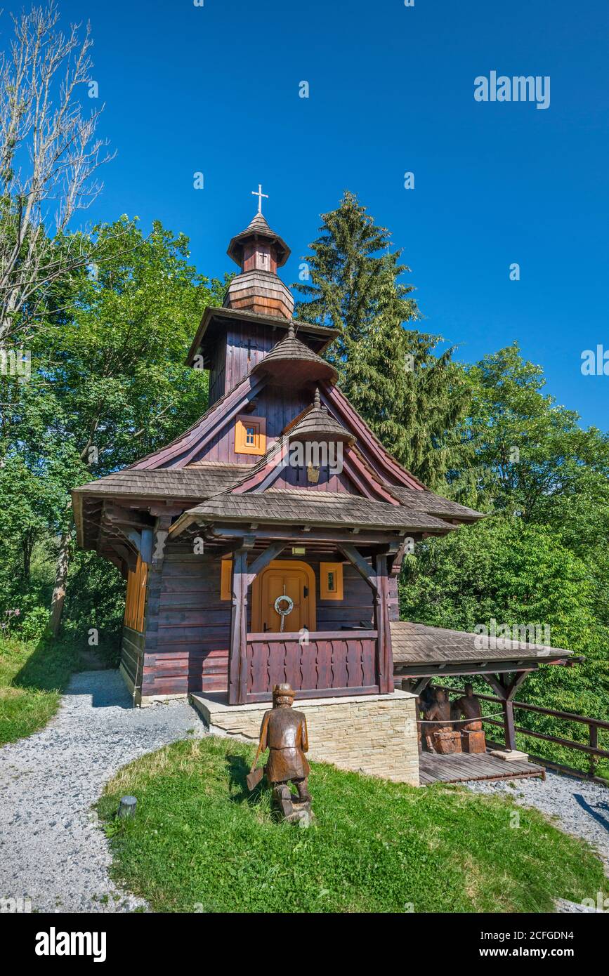 Chapelle Saint-Hubert (kaule SV Huberta), style wallacien, sculpture en bois, village de Velke Karlovice, région de Zlin, Moravie, République tchèque Banque D'Images