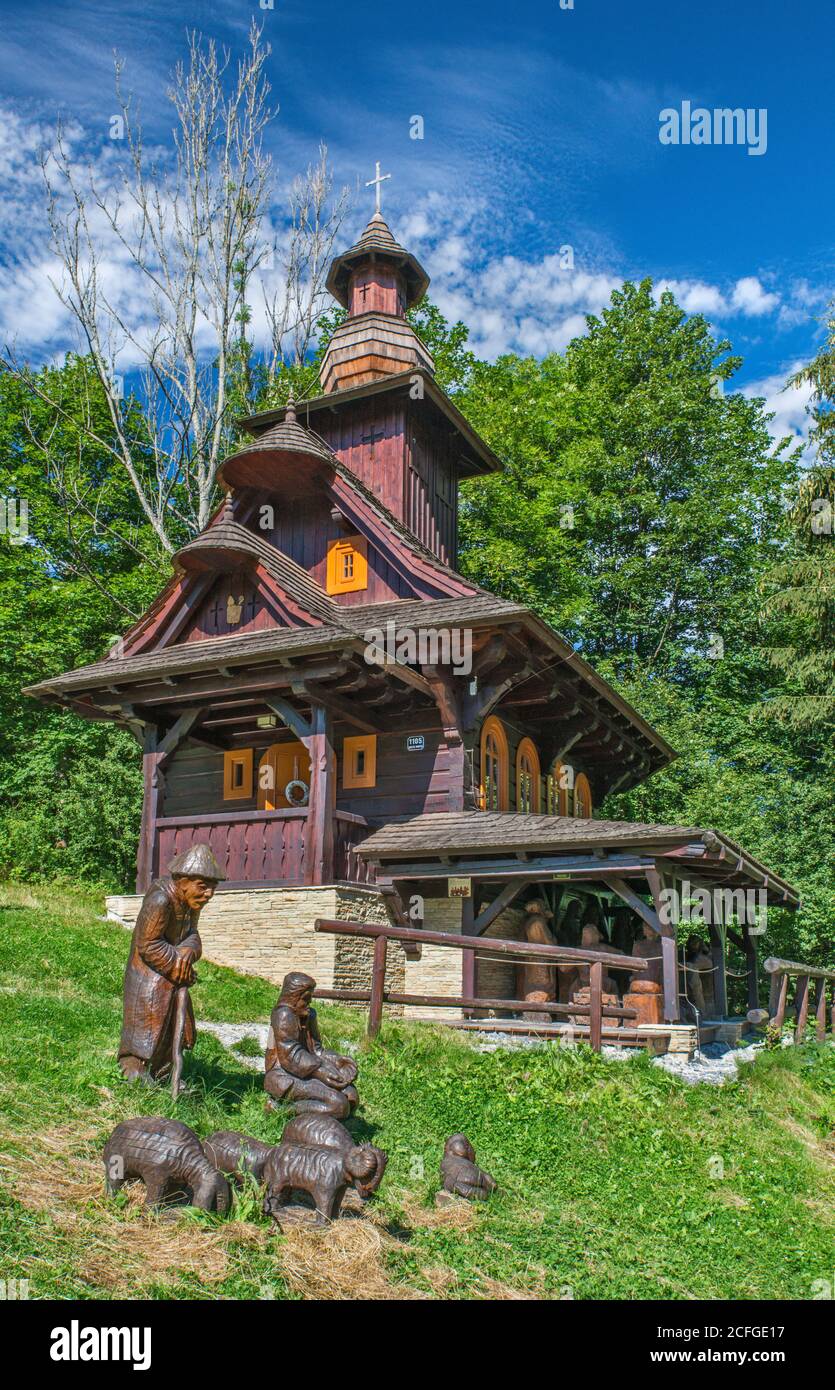 Chapelle Saint-Hubert (kaule SV Huberta), style wallacien, sculptures en bois, village de Velke Karlovice, région de Zlin, Moravie, République Tchèque Banque D'Images