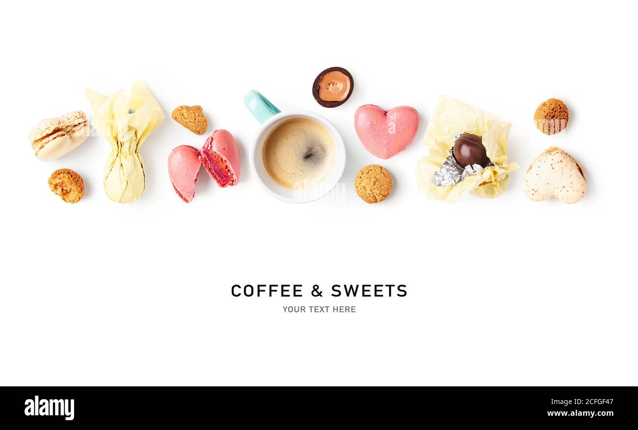 Tasse à café, macarons, bonbons au chocolat et gâteaux mise en page créative sur fond blanc. Composition et bannière de bonbons. Concept de la gastronomie et de la Saint-Valentin. F Banque D'Images