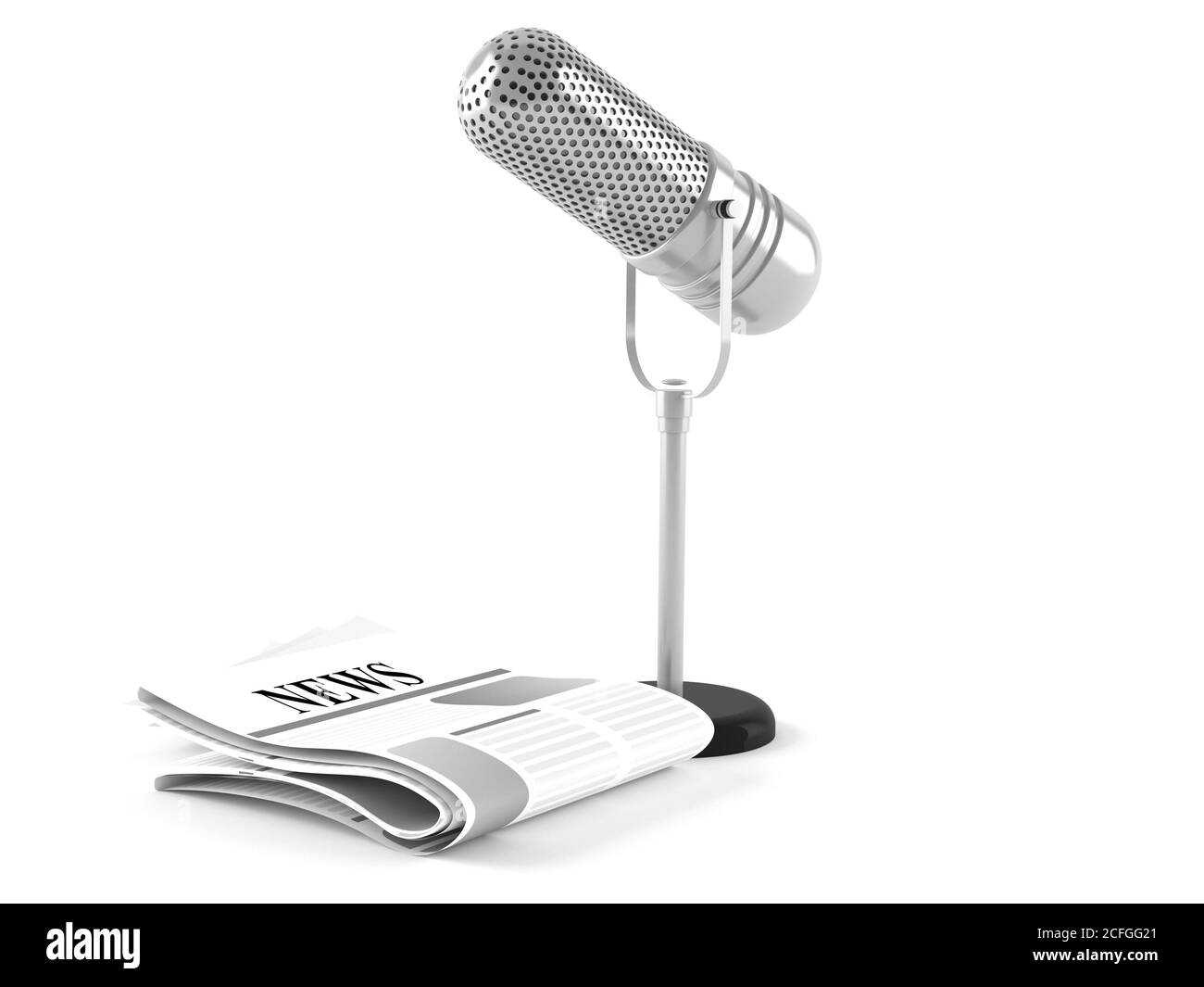 Microphone avec journal isolé sur fond blanc Banque D'Images