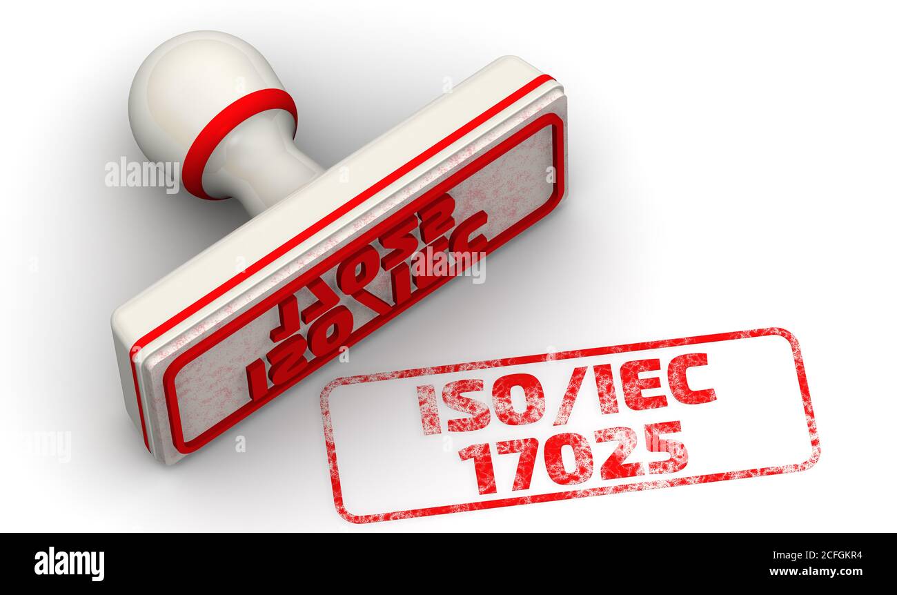 ISO/CEI 17025. Le timbre et une empreinte.un timbre blanc et une empreinte rouge avec le texte ISO/IEC 17025 (LABORATOIRES D'ESSAIS ET D'ÉTALONNAGE). Illustration 3D Banque D'Images