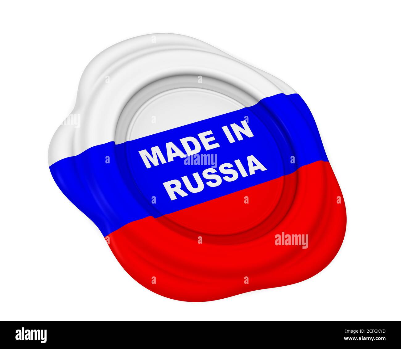 Fabriqué en Russie timbre de cire. Timbre de cire en couleur de drapeau russe étiqueté FAIT EN RUSSIE texte. Isolé. Illustration 3D Banque D'Images