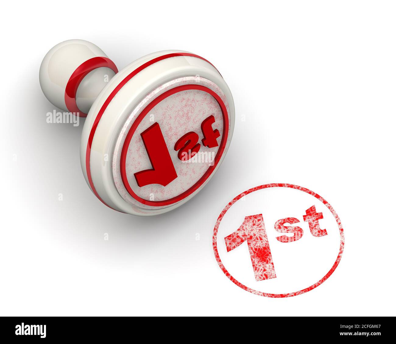 La première. L'embouti et une empreinte. Timbre blanc et impression rouge avec texte 1-St sur la surface blanche. Illustration 3D Banque D'Images