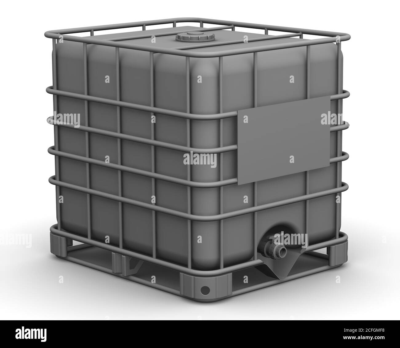 La capacité cubique (conteneur en plastique). Conteneur de vrac intermédiaire. Récipient cubique (récipient en plastique pour liquides) posé sur la surface blanche Banque D'Images