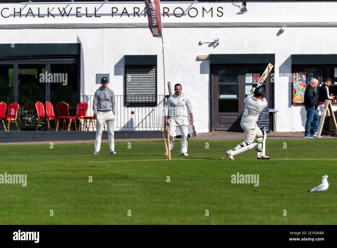 Le cricket se joue à Chalkwell Park, Westcliff on Sea, Southend, Essex, Royaume-Uni. Westcliff sur Sea Cricket Club batteur, obtenir propre Bowled Banque D'Images