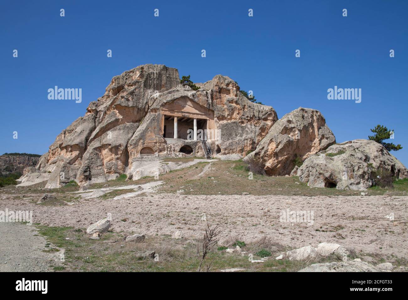 Yazilikaya , Midas Monument , détail .vue de paysage de la vallée de Phrygia au milieu de Kutahya, Eskisehir, Afyon en Turquie. Banque D'Images
