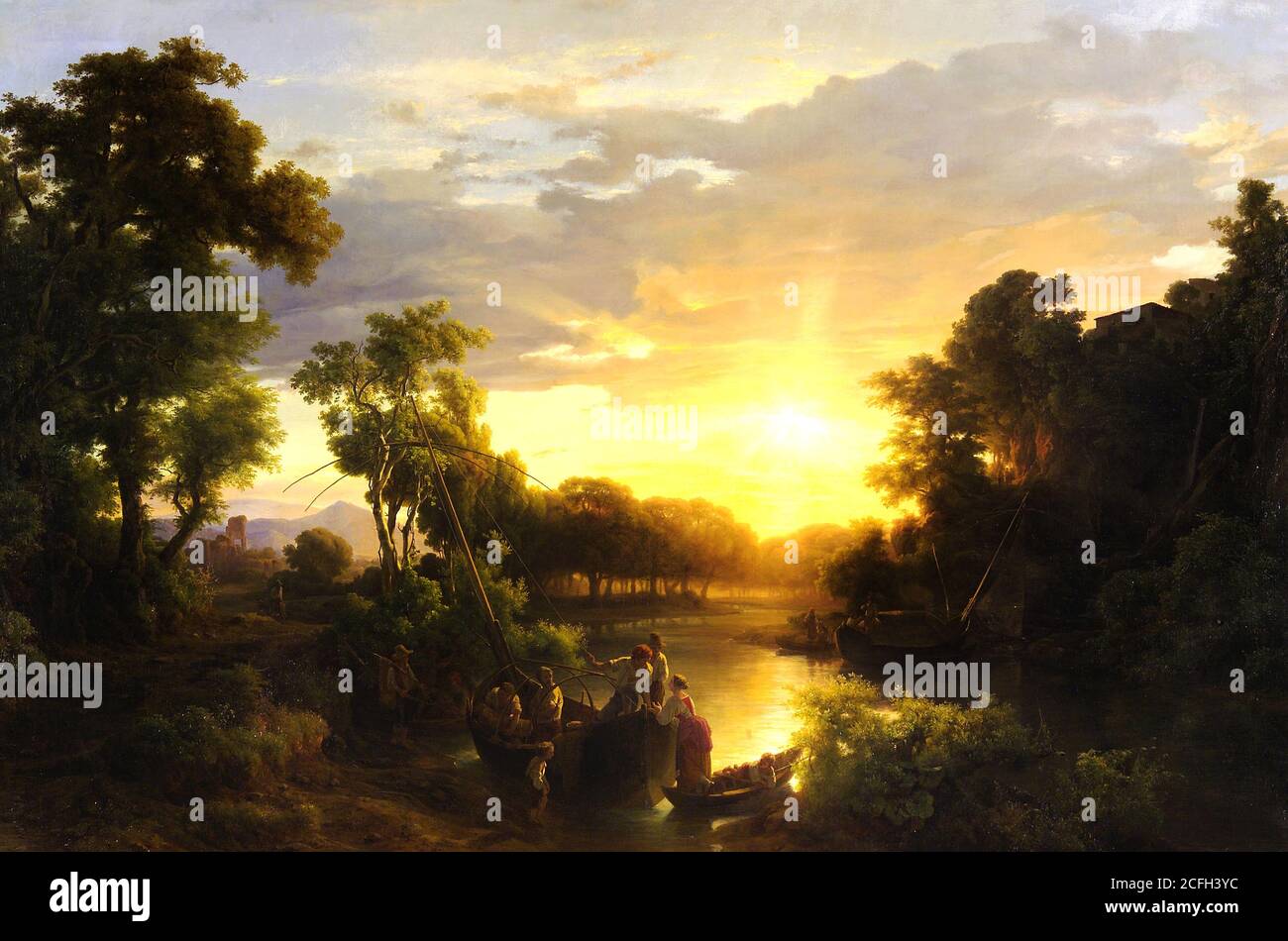 Marko Karoly, paysages italiens au coucher du soleil, pêcheurs 1851 huile sur toile, Galerie nationale hongroise, Budapest, Hongrie. Banque D'Images