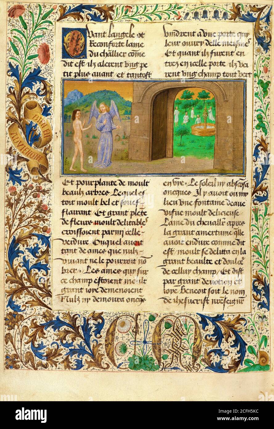 Simon Marmion, le bon mais pas très bon sont nourris par une fontaine 1475 Tempera, or, encre sur parchemin, le musée J. Paul Getty, Los Angeles, USA Banque D'Images