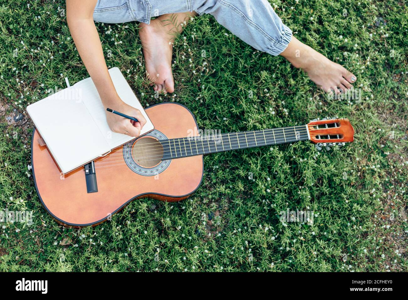 auteur-compositeur créer et écrire des notes, des paroles dans le livre sur l'herbe dans les parcs. Banque D'Images