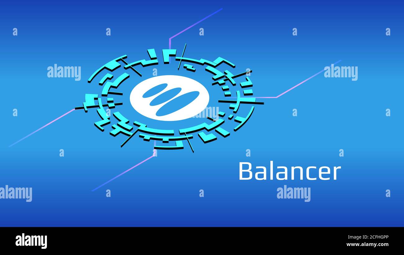 BALANCER BAL symbole de jeton isométrique du projet defi en cercle numérique sur fond bleu. Icône crypto-monnaie. Programmes de financement décentralisés. Illustration de Vecteur