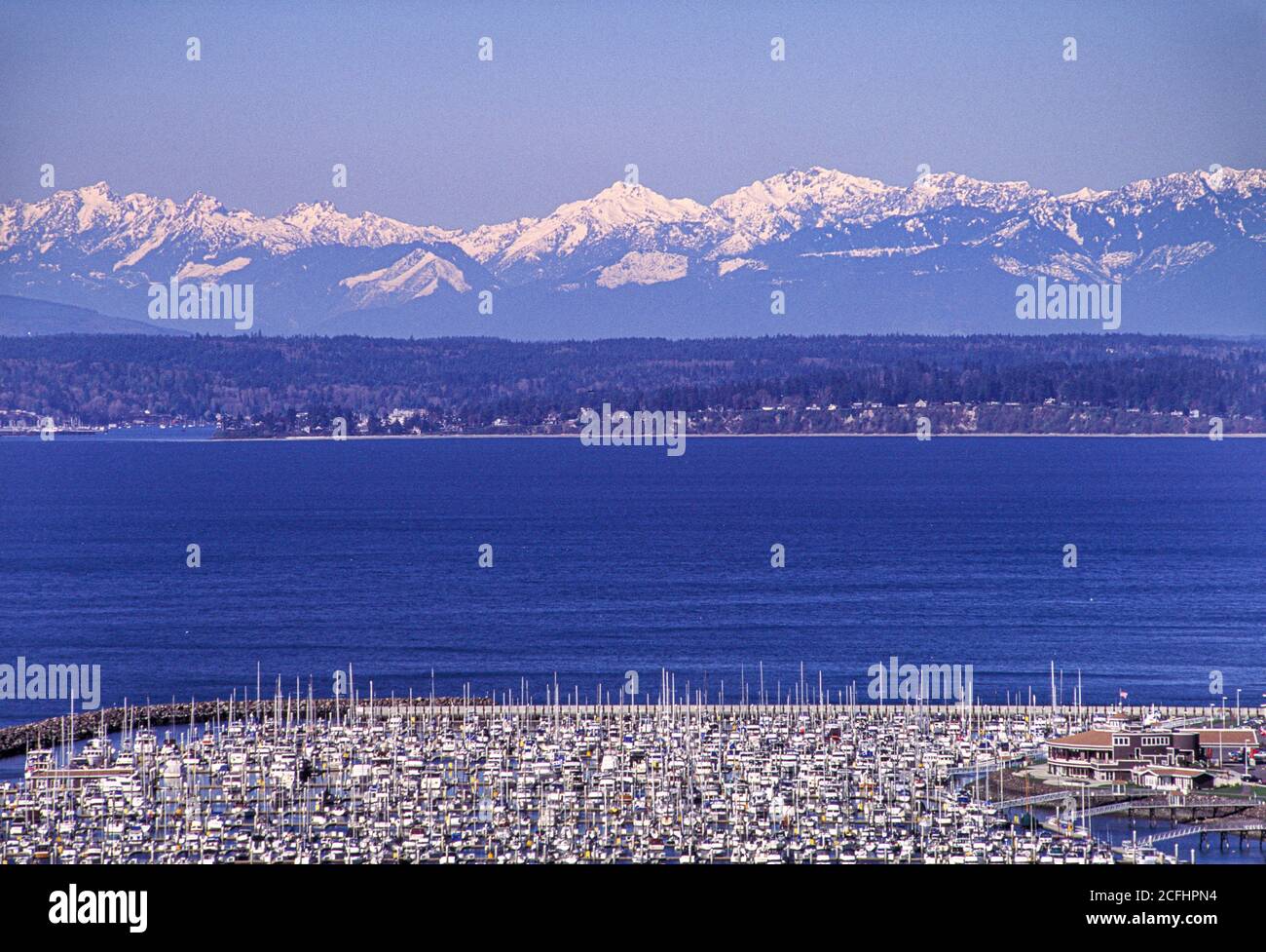 Elliott Bay Marina, Seattle, Washington, USA Olympic Mountains en arrière-plan Banque D'Images