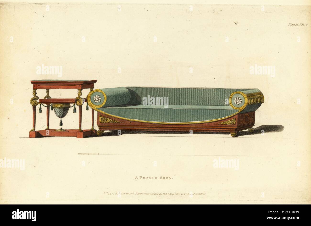 Canapé à volutes français, adapté au salon, qui peut être fait de bois de rose, avec des ornements en or, et recouvert de chintz riche ou tabouret de soie. Accompagné d'une élégante table de travail française avec sac en soie. 1812. Gravure en coperplate de couleur main provenant du répertoire des tapisseries et des tapisseries du tapissier, composée de soixante-dix-six dessins de meubles modernes et à la mode, Rudolph Ackermann, Londres, 1830. Banque D'Images