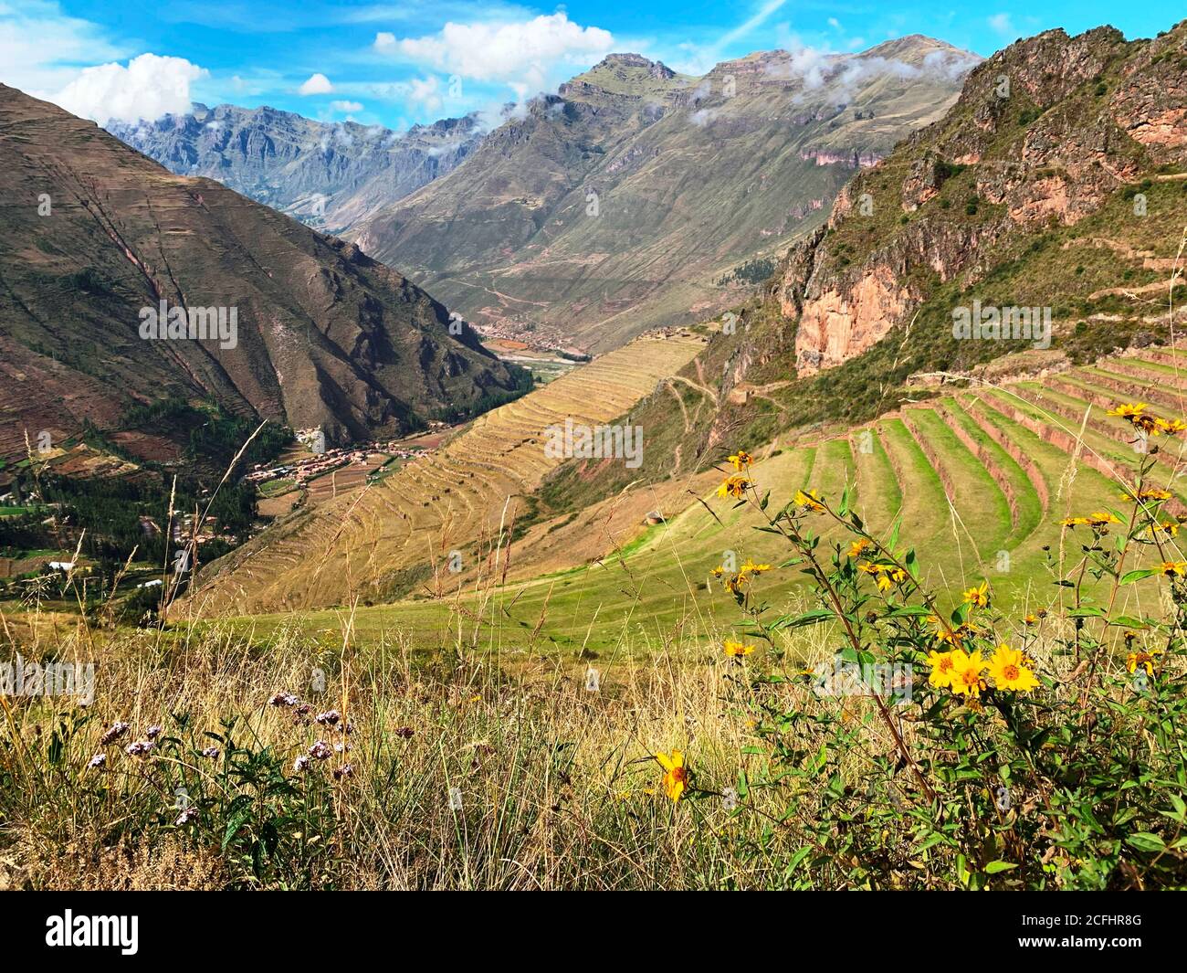 Belle Vallée Sacrée des Incas au Pérou. Pittoresque vallée d'Urubamba. Anciennes terrasses en herbe verte Andenes. Paysage péruvien été nature. Montagnes des Andes Banque D'Images