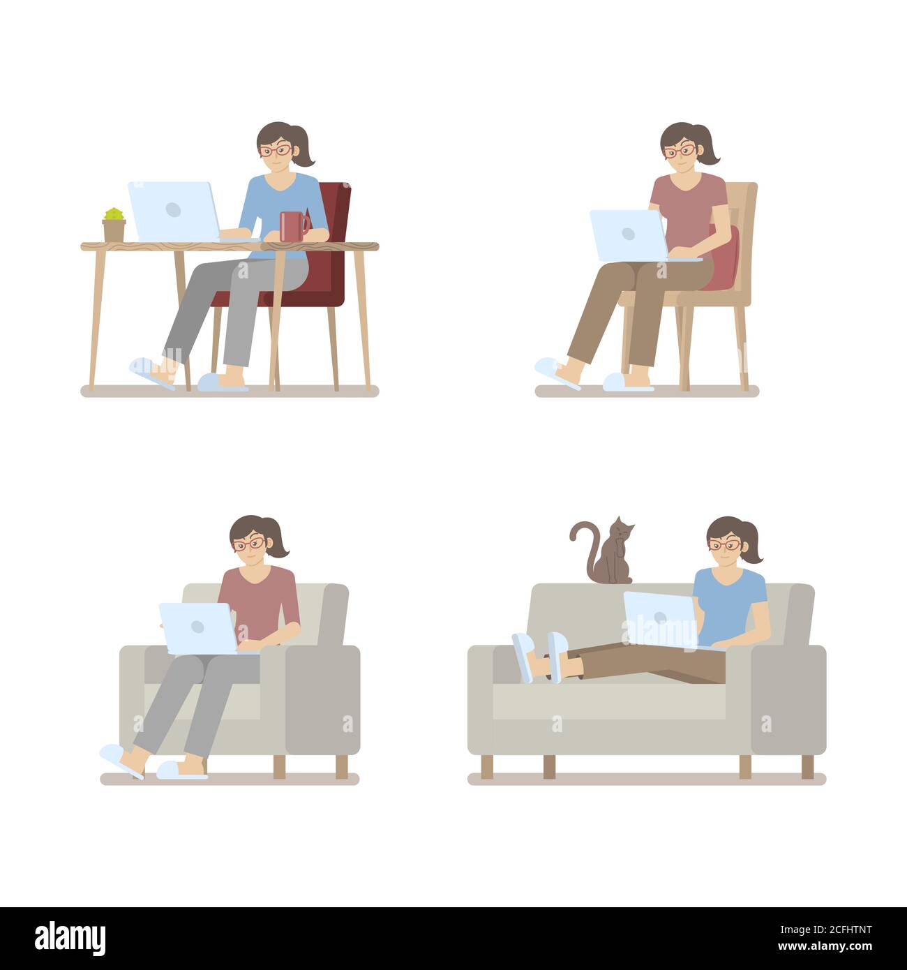 Ensemble de femmes dans des vêtements décontractés travaillant à la maison sur ordinateur portable, assis au bureau, sur la chaise, fauteuil et allongé sur un canapé dans le style de dessin animé plat Illustration de Vecteur