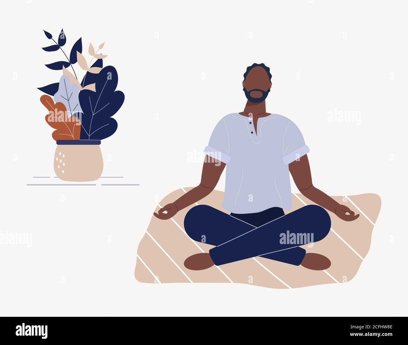Homme afro-américain assis avec ses jambes croisées sur le sol et méditant. Jeune homme dans la posture de yoga faisant la méditation, pratique de pleine conscience Banque D'Images