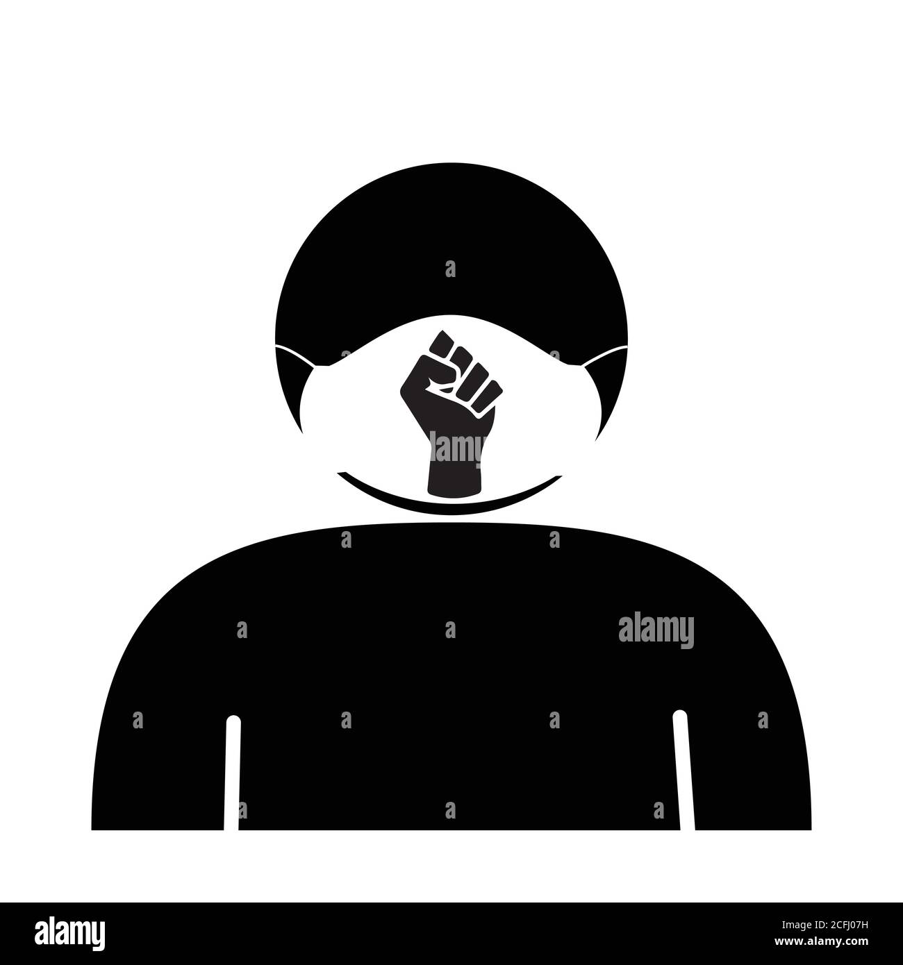 Bâton Figure masque de visage avec BLM Fist. Icône en noir et blanc représentant un personnage de bâton portant un revêtement facial avec le logo Black Lives Matter Fist. EP Illustration de Vecteur